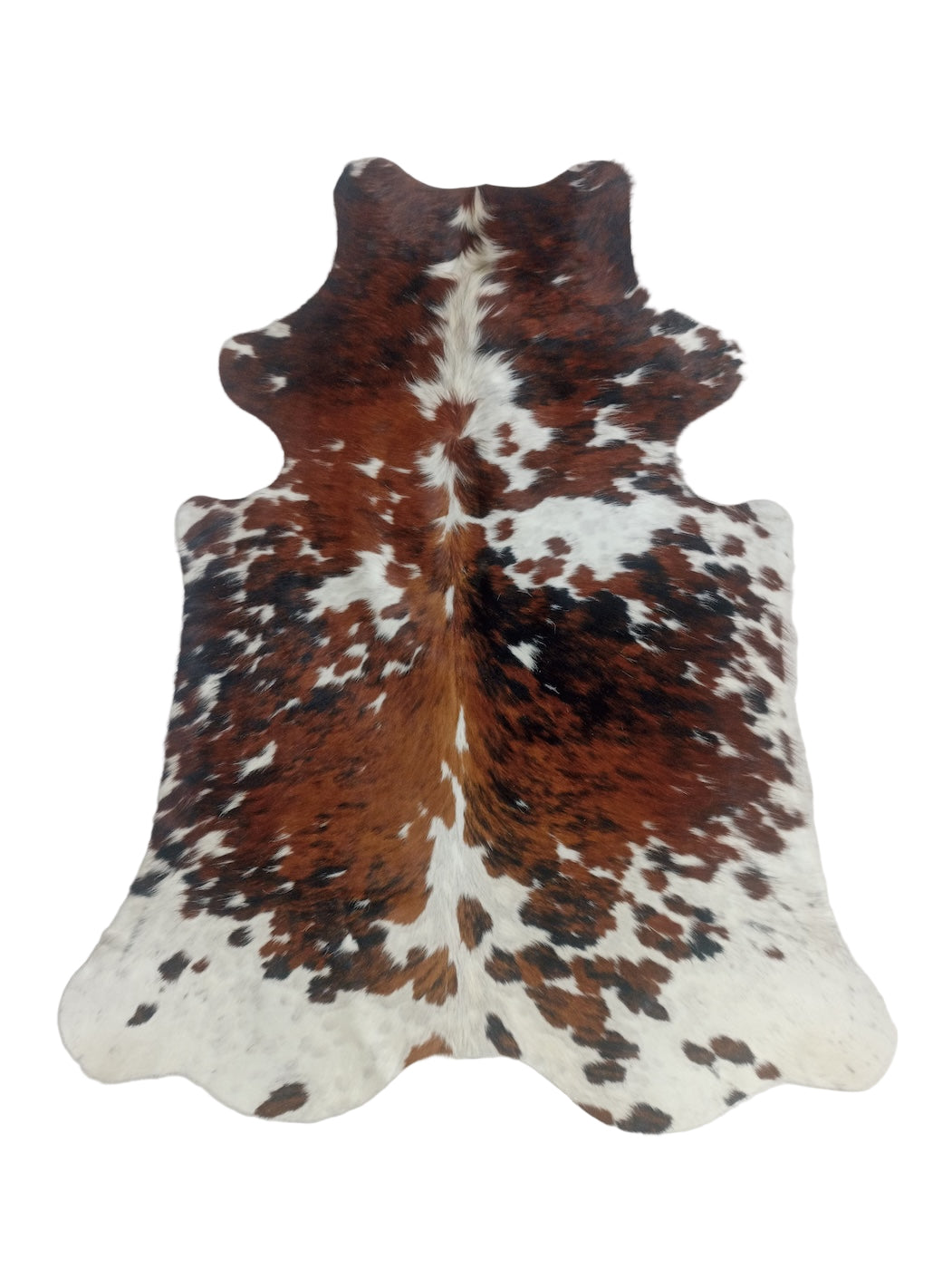 Cowhide rug with brown, white, and black pattern 