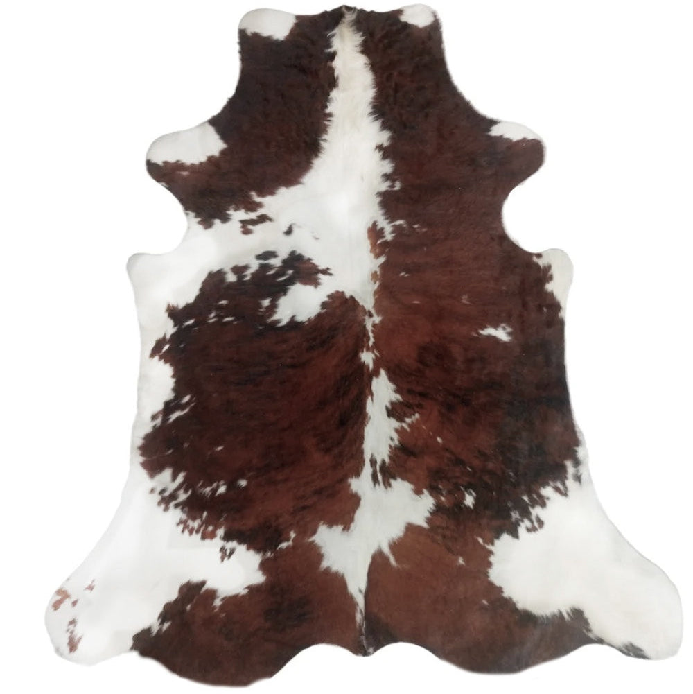 Large premium cowhide rug from Cowhide Rugs London, natural brown and white hide with unique pattern, 243cm x 195cm size.