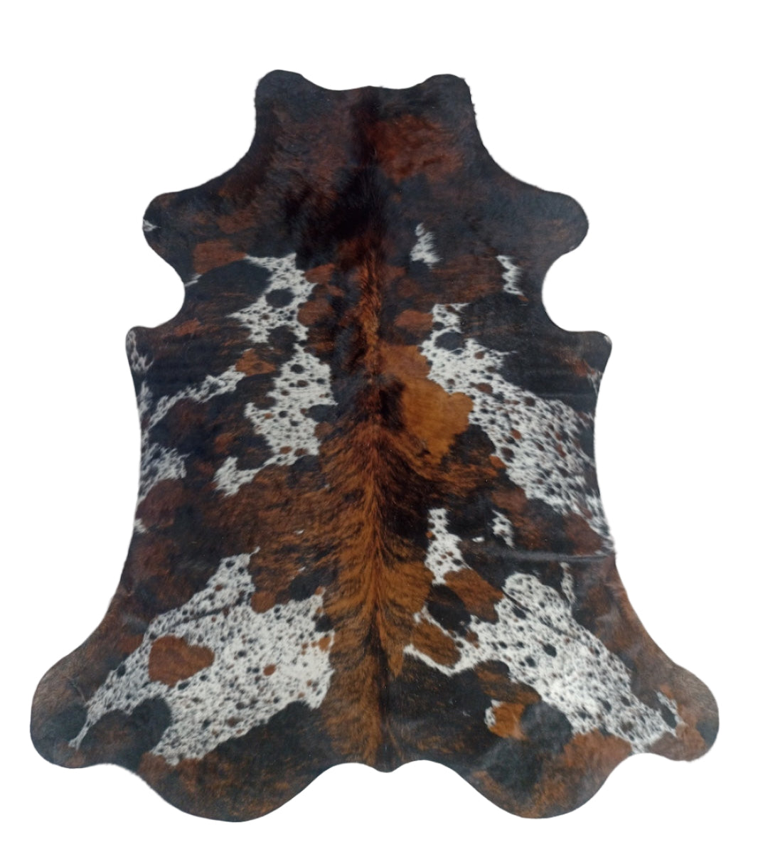Cowhide rug with brown, black, and white pattern 