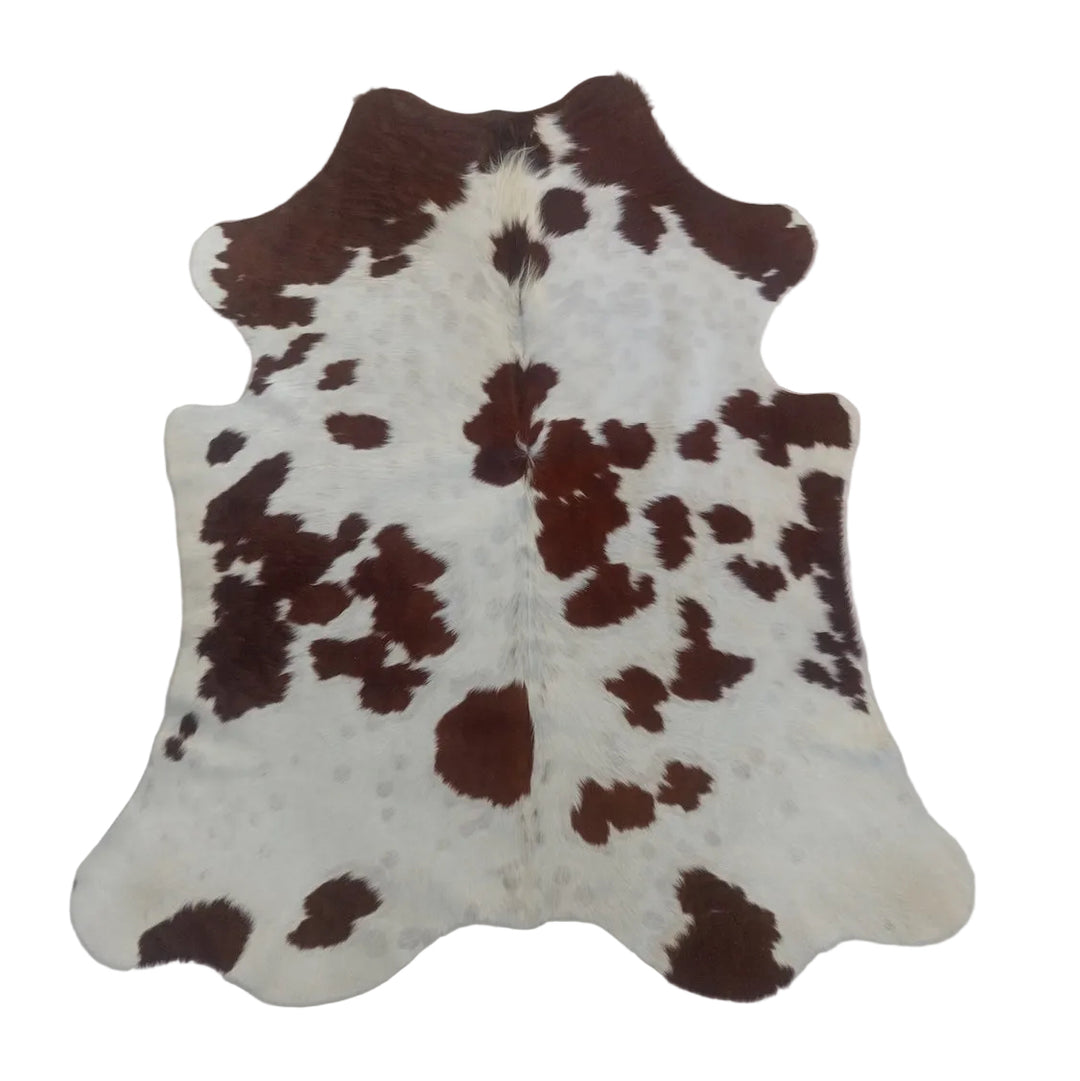 Premium cowhide rug from Cowhide Rugs London, natural cowhide with black and white patches, 155cm x 147cm.