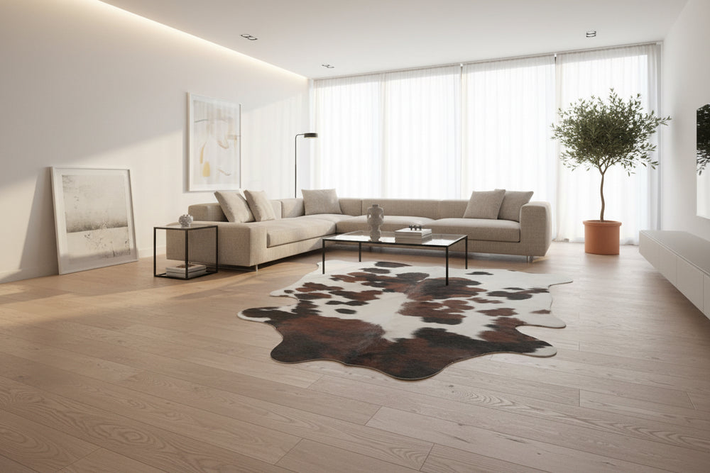 Premium cowhide rug from Cowhide Rugs London, natural black and white cowhide pattern, 190cm x 155cm, soft and durable material.