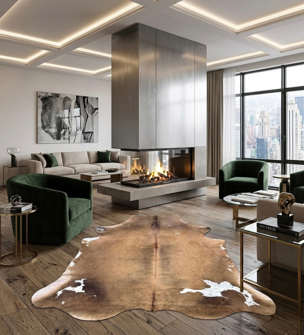 Modern living room with a cowhide rug, green sofa, and fireplace.