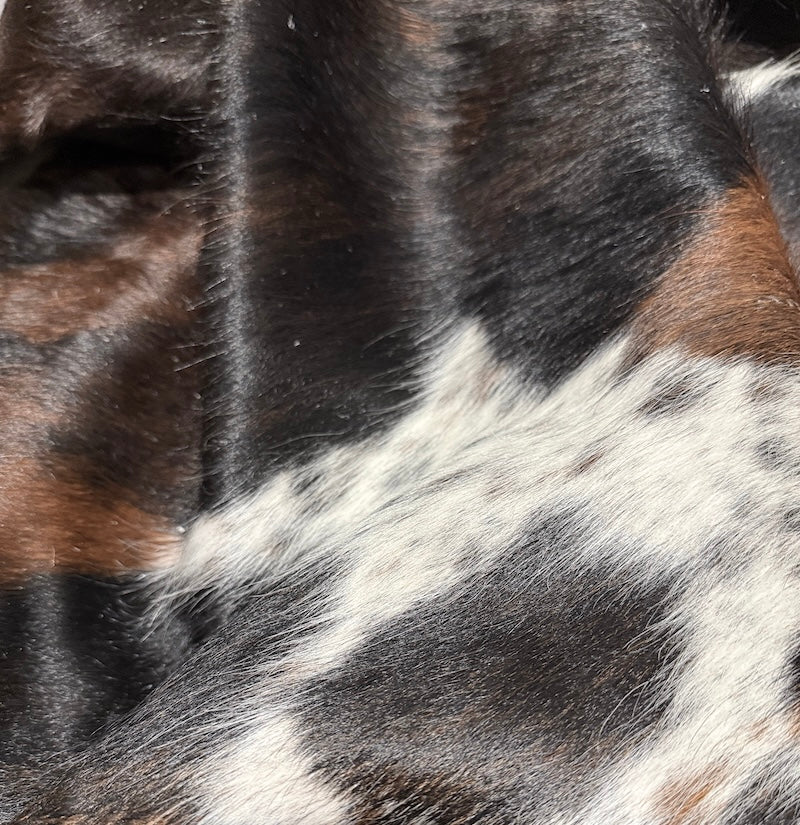 Close-up of a  cowhide rug  black, brown, and white 