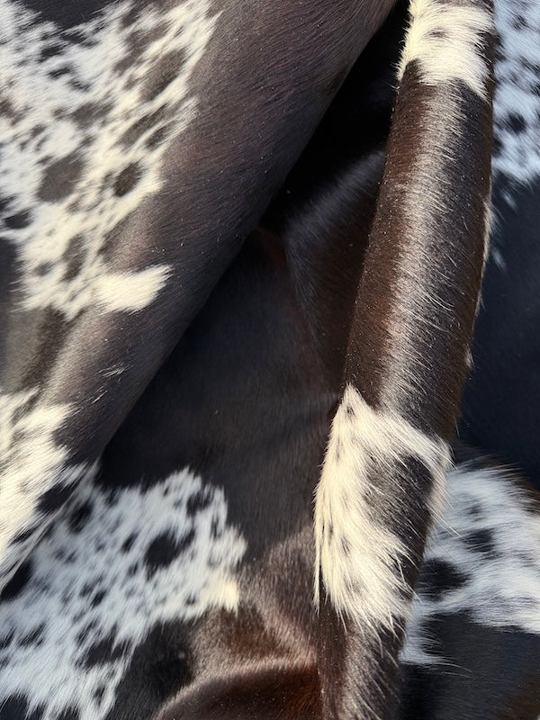 Close-up of a cowhide with black, white, and brown patterns
