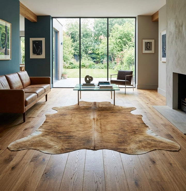 Large premium cowhide rug from Cowhide Rugs London, XXL size 241cm x 215cm, natural brown and white hide with soft texture.