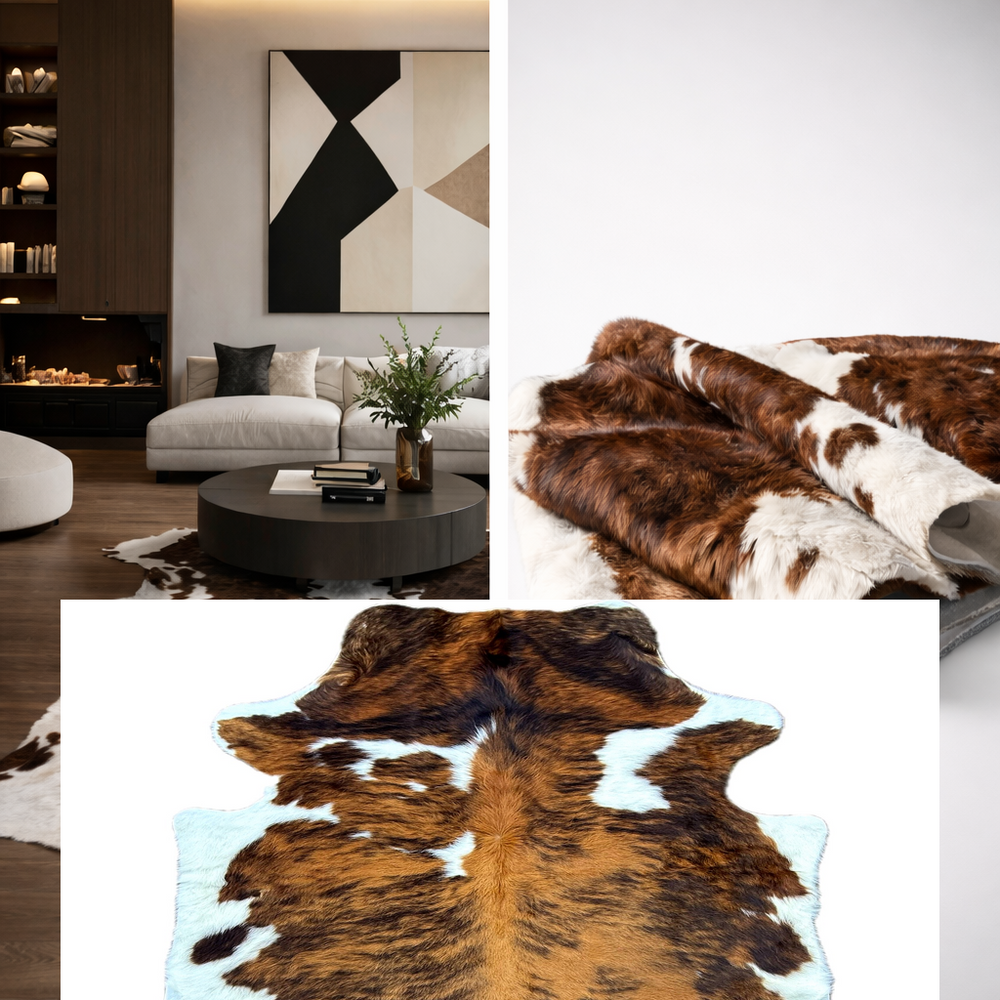 Premium cowhide rug by Cowhide Rugs London, large 192cm x 173cm, showcasing natural cowhide pattern and texture.