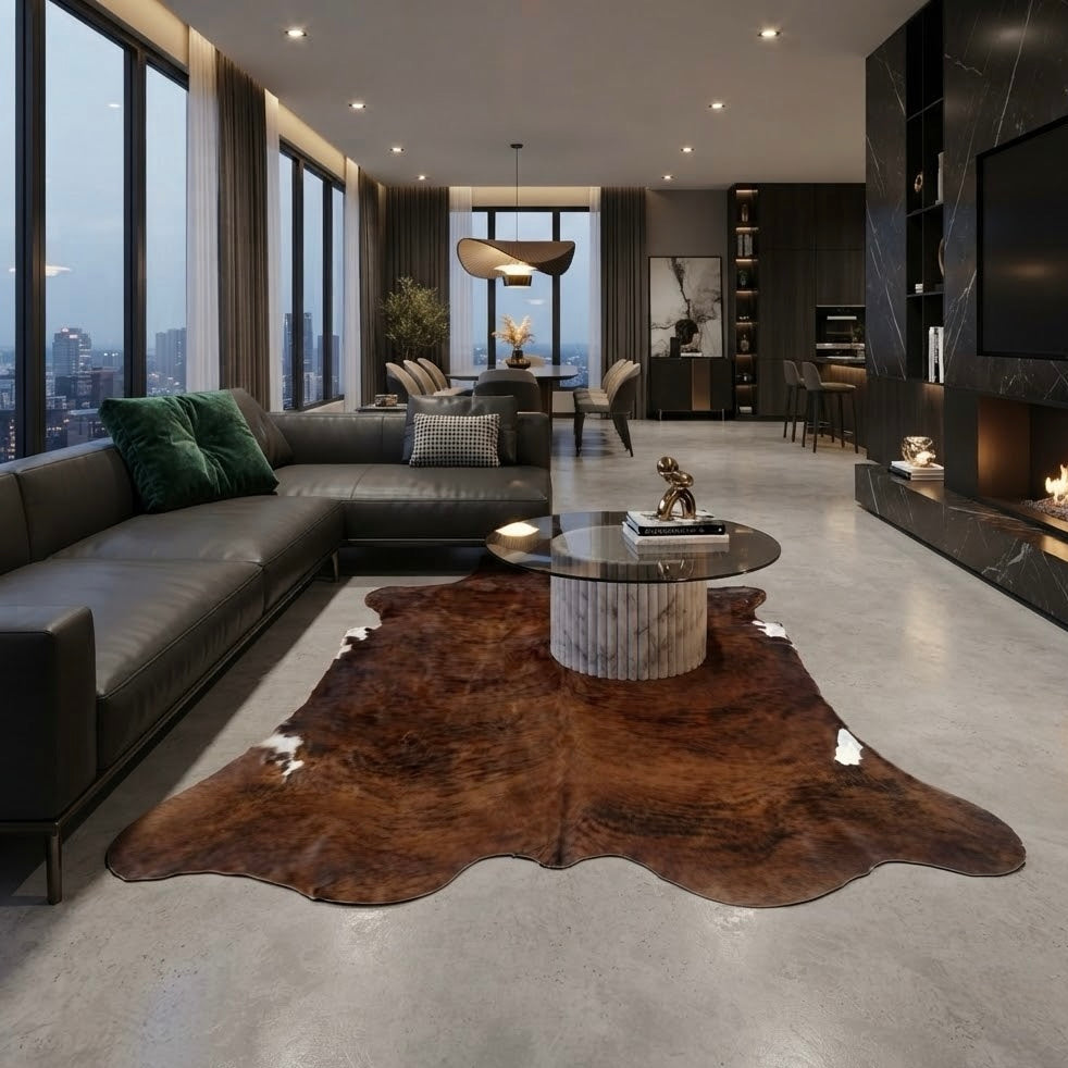 cowhide rug in a living room 