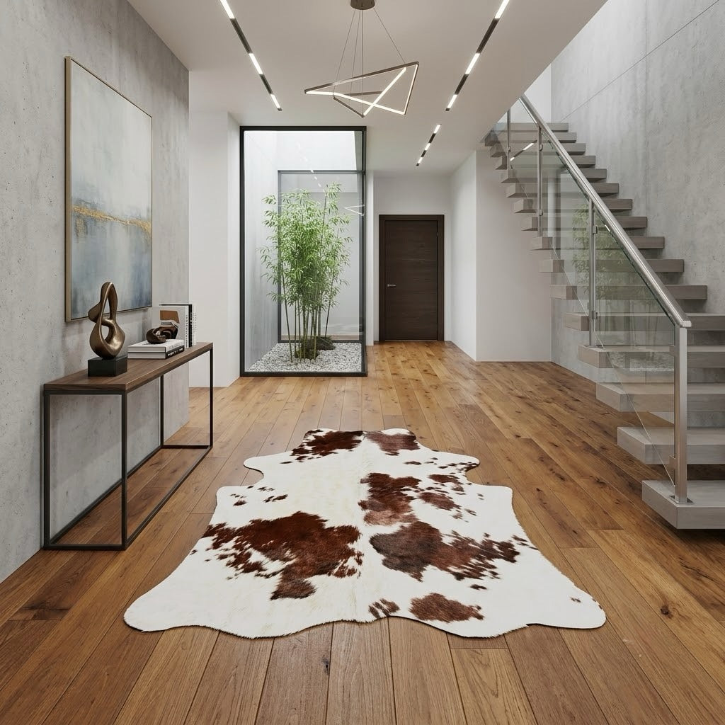 A cowhide area rug with brown and white patches is displayed on a light brown wooden floor in a modern hallway with a staircase, console table, and wall art.