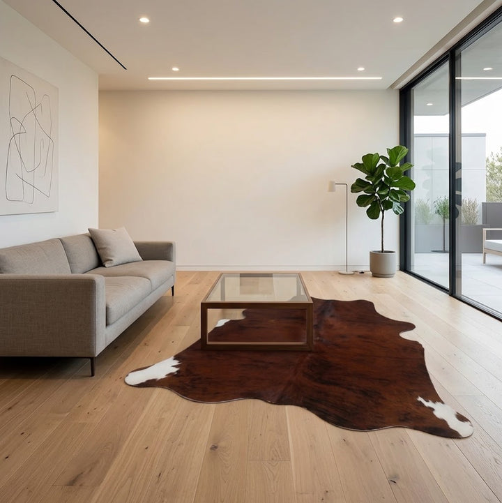 Elevate your space with this premium, natural cowhide rug featuring rich chestnut brown tones with subtle white accent edging. Placed over light hardwood floorboards, its organic freeform shape breaks up sharp lines and adds grounded warmth to modern, minimalist interiors. Complete with a smooth finish, it pairs effortlessly with low-profile grey sofas, glass coffee tables, and contemporary decor.
