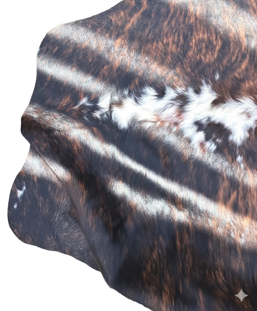 Large cowhide rug from Cowhide-Rugs-London, 242cm x 208cm, featuring natural brown and white cowhide pattern.