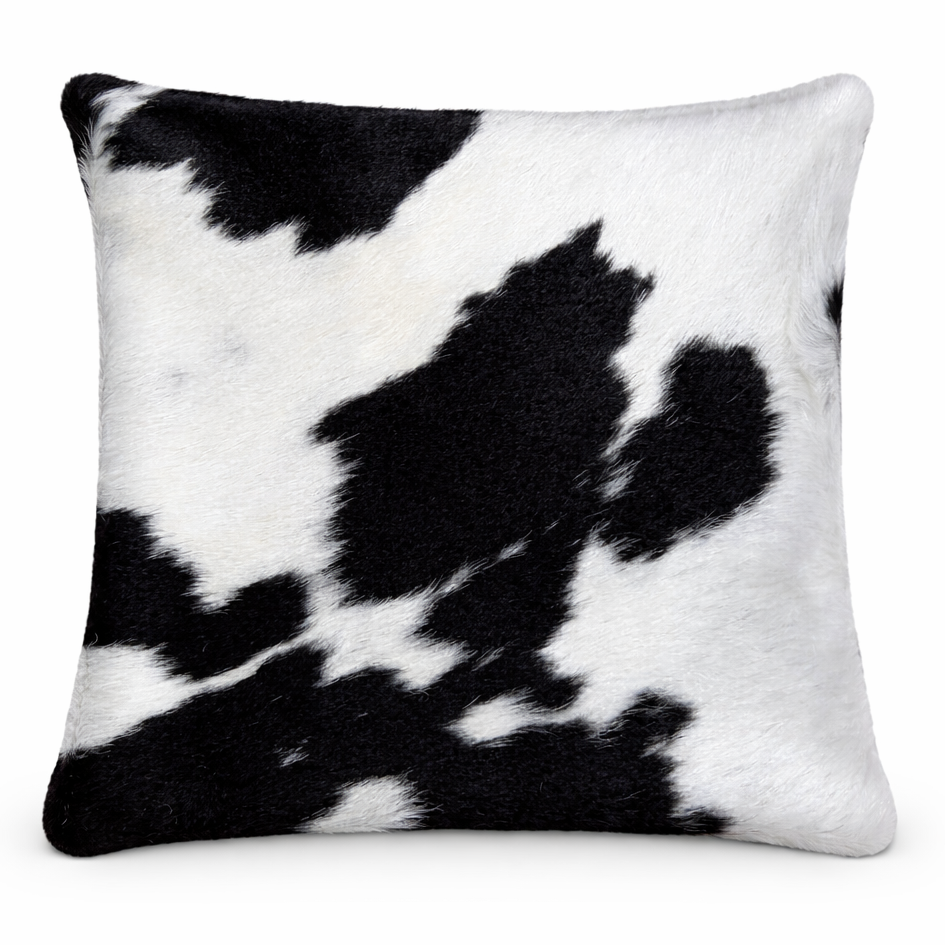 Cowhide cushion with Suedette reverse, 39cm x 39cm, featuring natural cowhide pattern and soft suede backing.