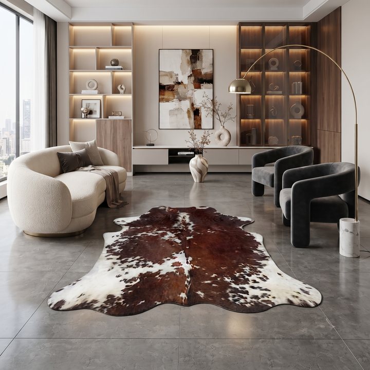 cowhide rug in a living room