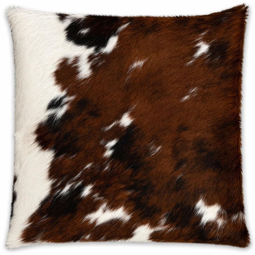 Cowhide cushion with natural brown and white cowhide pattern, 39cm by 39cm, from Cowhide Rugs London.