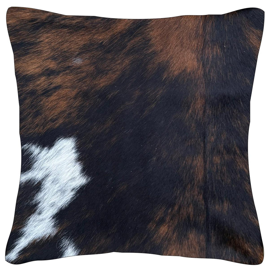 Cowhide Rug London cowhide cushion C26 with reverse Suedette fabric, 39cm x 39cm, beige and brown cowhide pattern on soft cushion.