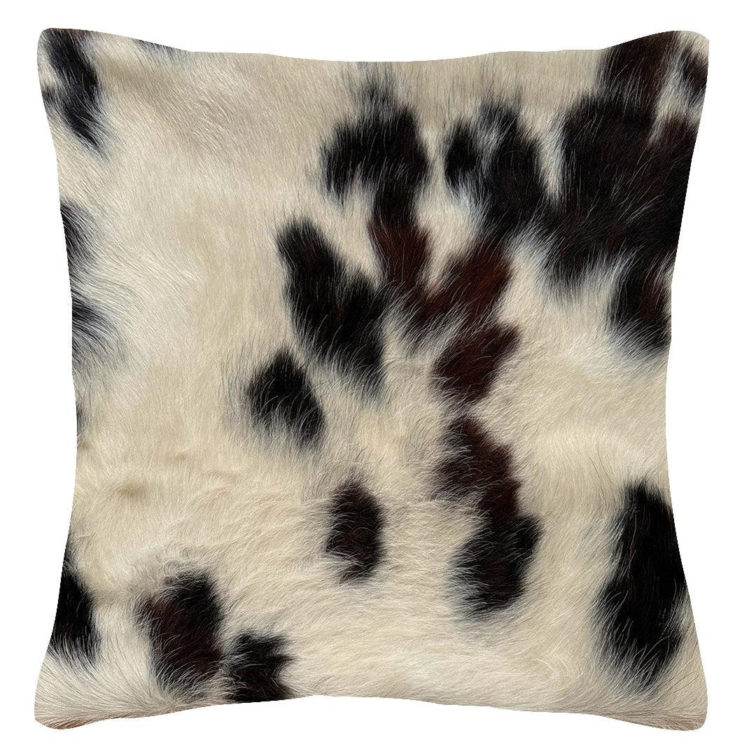 Tricolour Cowhide Cushion by Cowhide Rugs London, 39cm x 39cm, with reverse Suedette finish and soft, textured surface.