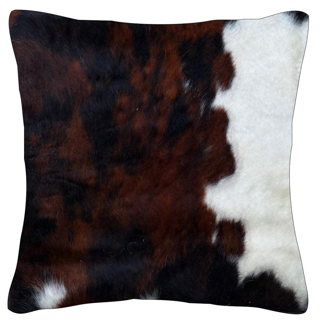 Cowhide cushion C48 from Cowhide Rugs London featuring reverse suedette fabric, 39cm by 39cm, with natural cowhide appearance.
