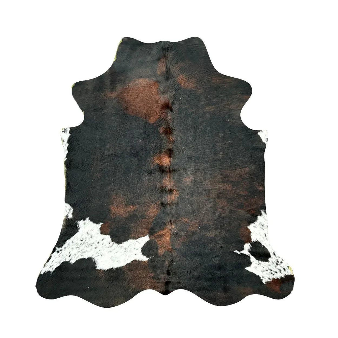 Cowhide Rug by Size from Cowhide Rugs London, showing a natural cowhide with a mix of brown and white patches, measuring 2.10m x 1.70m.