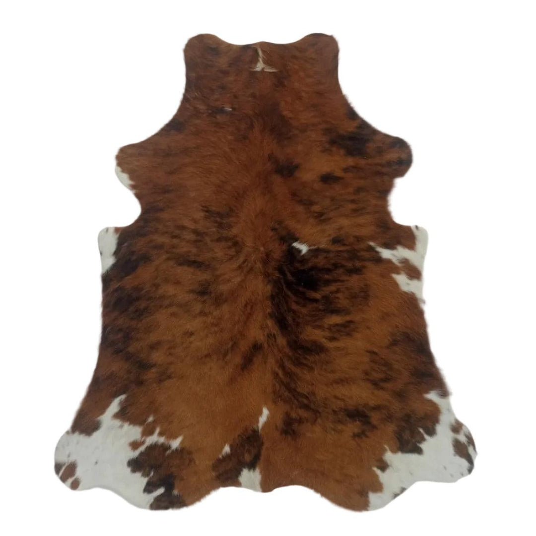 Premium cowhide rug by Cowhide Rugs London, 153cm x 125cm, natural cowhide pattern, small size, high-quality leather texture.