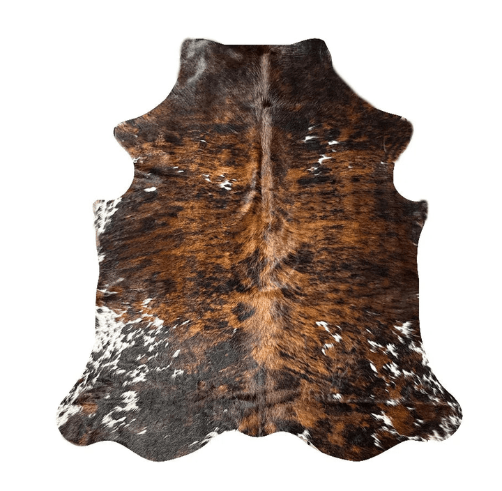 Premium cowhide rug from Cowhide Rugs London showcasing natural cowhide with a sleek, irregular pattern, measuring 225cm by 213cm.