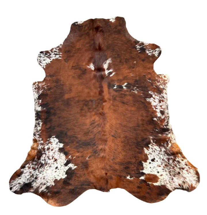 Premium Cowhide Rug from Cowhide Rugs London, natural cowhide with black and white patches, measuring 223cm by 210cm.