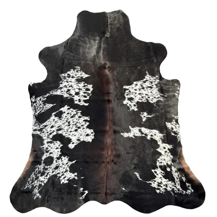 Premium cowhide rug from Cowhide Rugs London in natural brown and white tones, measuring 215cm by 192cm.
