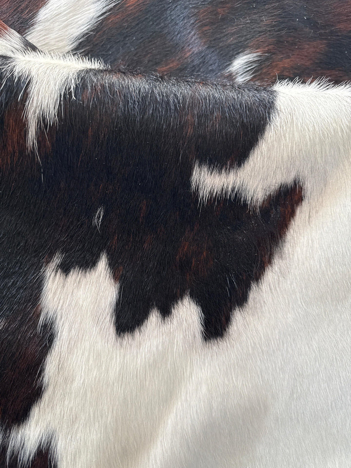 Premium cowhide rug from Cowhide-Rugs-London, XL size 222cm x 182cm with natural cowhide pattern and rich texture.