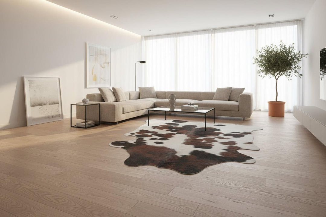 Premium Cowhide Rug from Cowhide Rugs London, natural cowhide with black and white patches, 190cm x 155cm size.