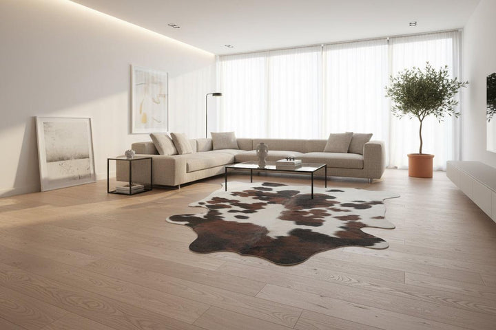 Premium Cowhide Rug from Cowhide Rugs London, natural cowhide with black and white patches, 190cm x 155cm size.