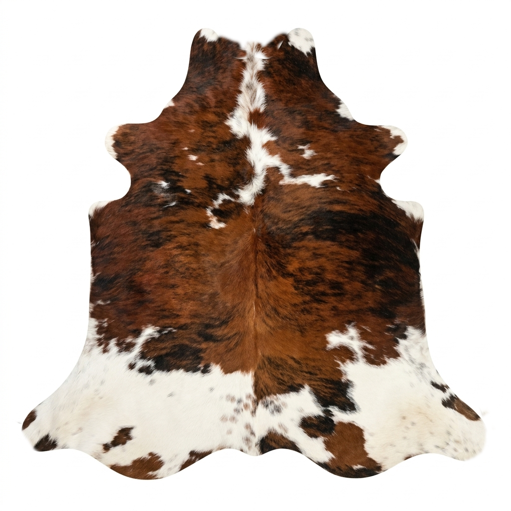 Brown, white, and black cowhide rug on a white background