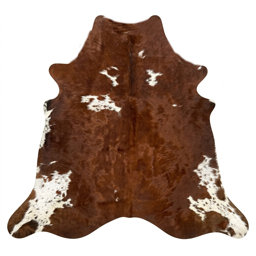 Brown and white cowhide rug on a white background