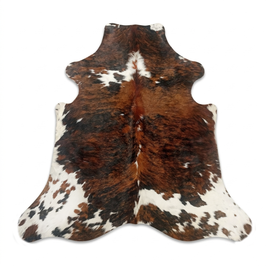 Brown and white cowhide rug on a white background