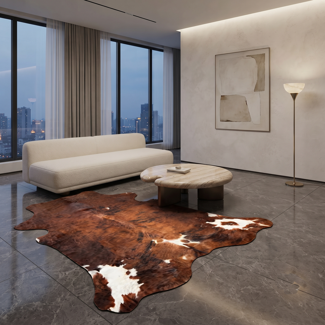 A modern living room featuring a large brown and white cowhide rug on a dark gray marble floor, with a cream sofa, a round stone coffee table, and a minimalist wall art piece.