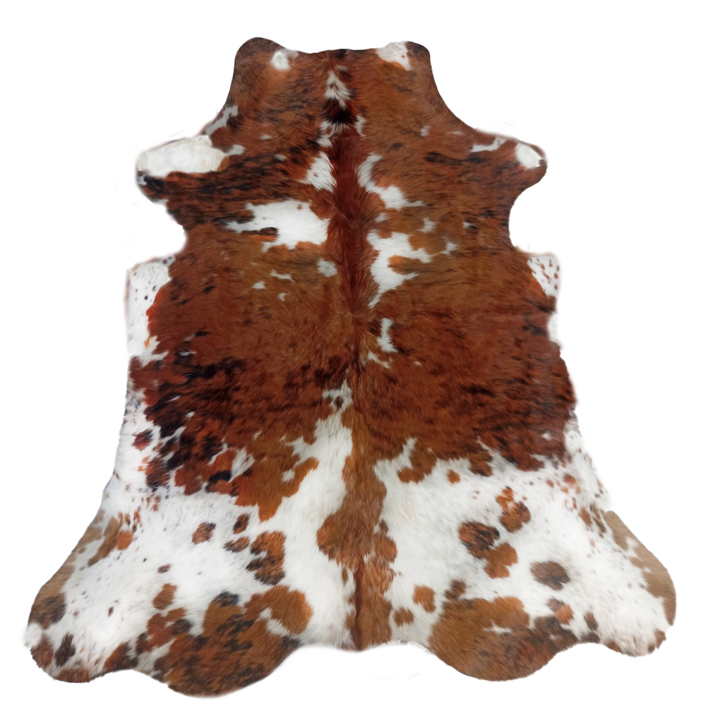 Brown and white cowhide rug with natural spotted pattern, photographed flat against a plain white background.