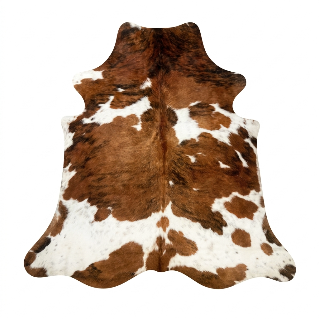 Brown and white cowhide rug on a white background