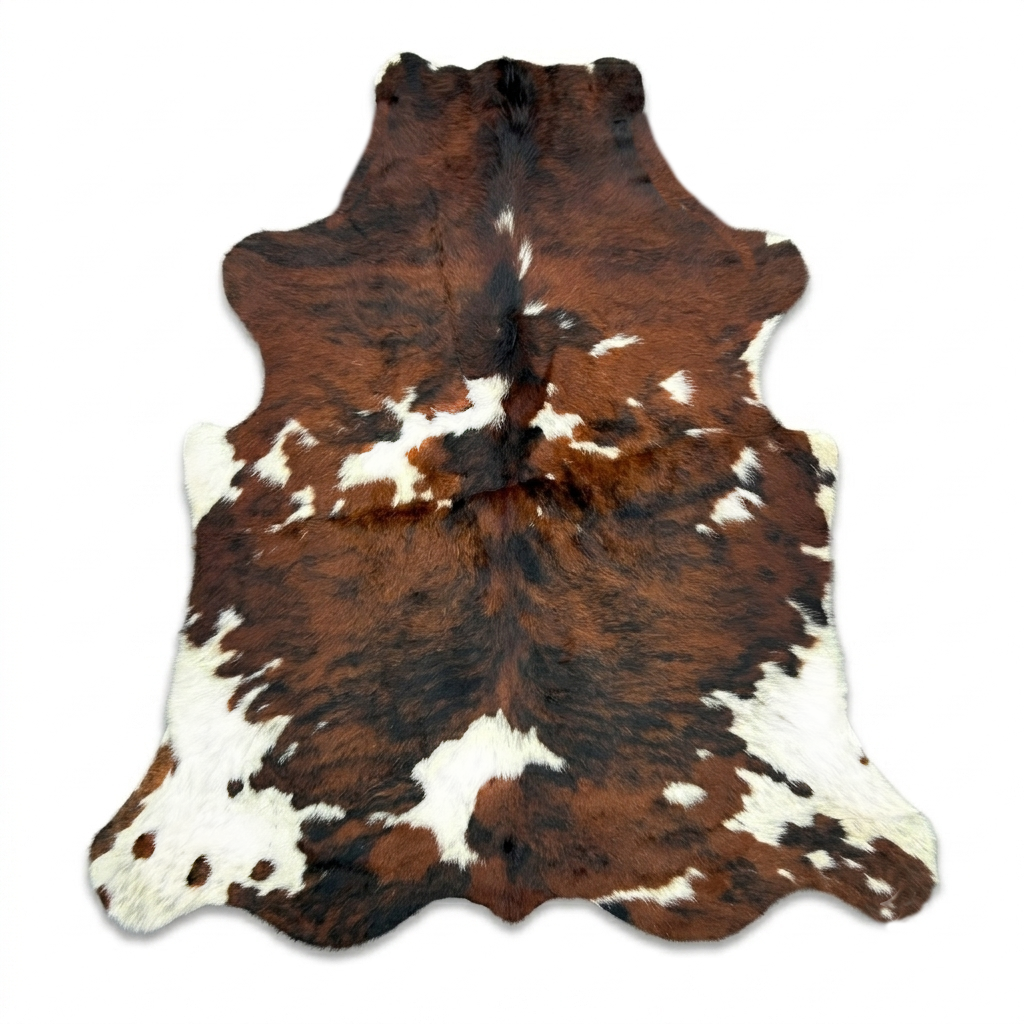 Brown and white cowhide rug on a white background