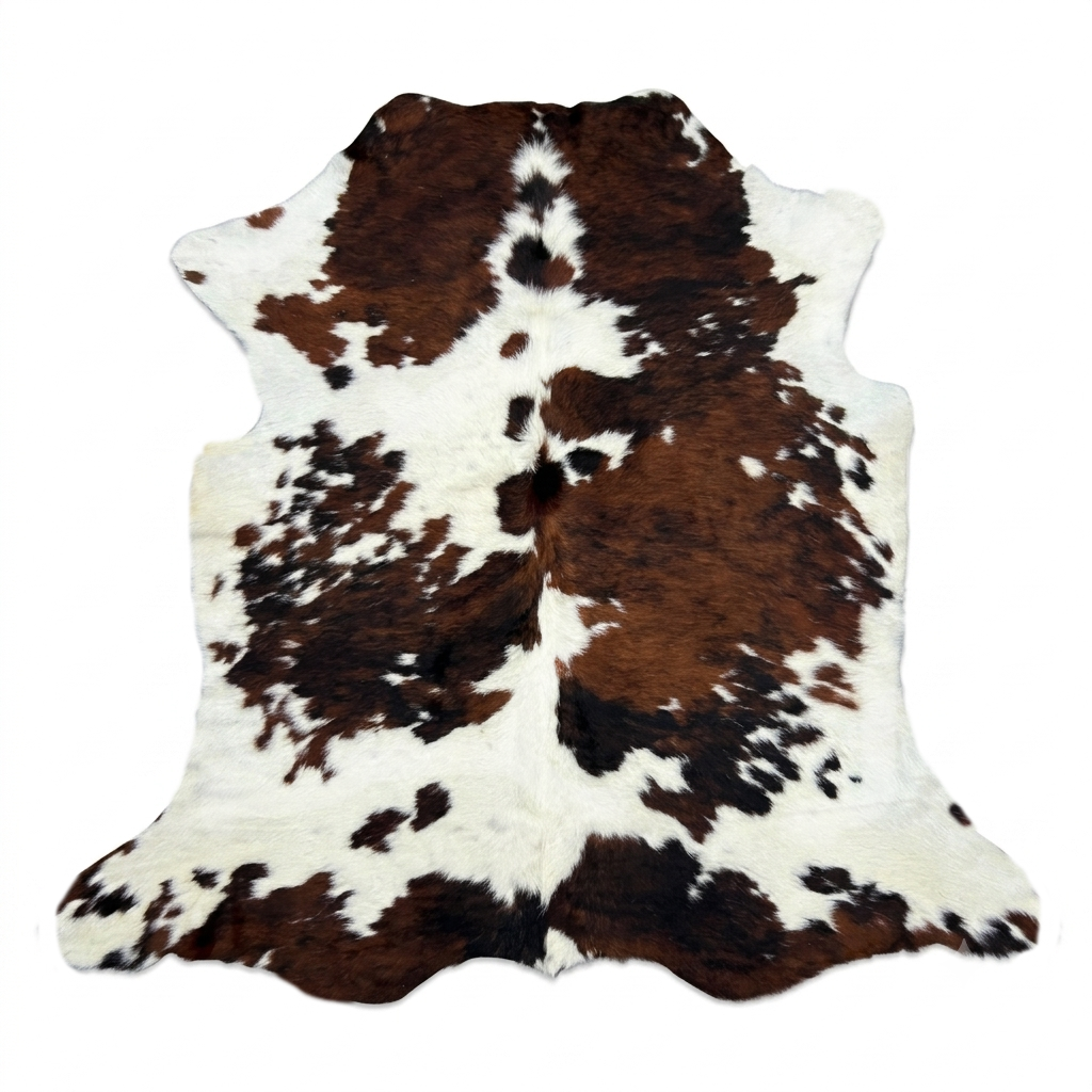 Brown and white cowhide rug on a white background