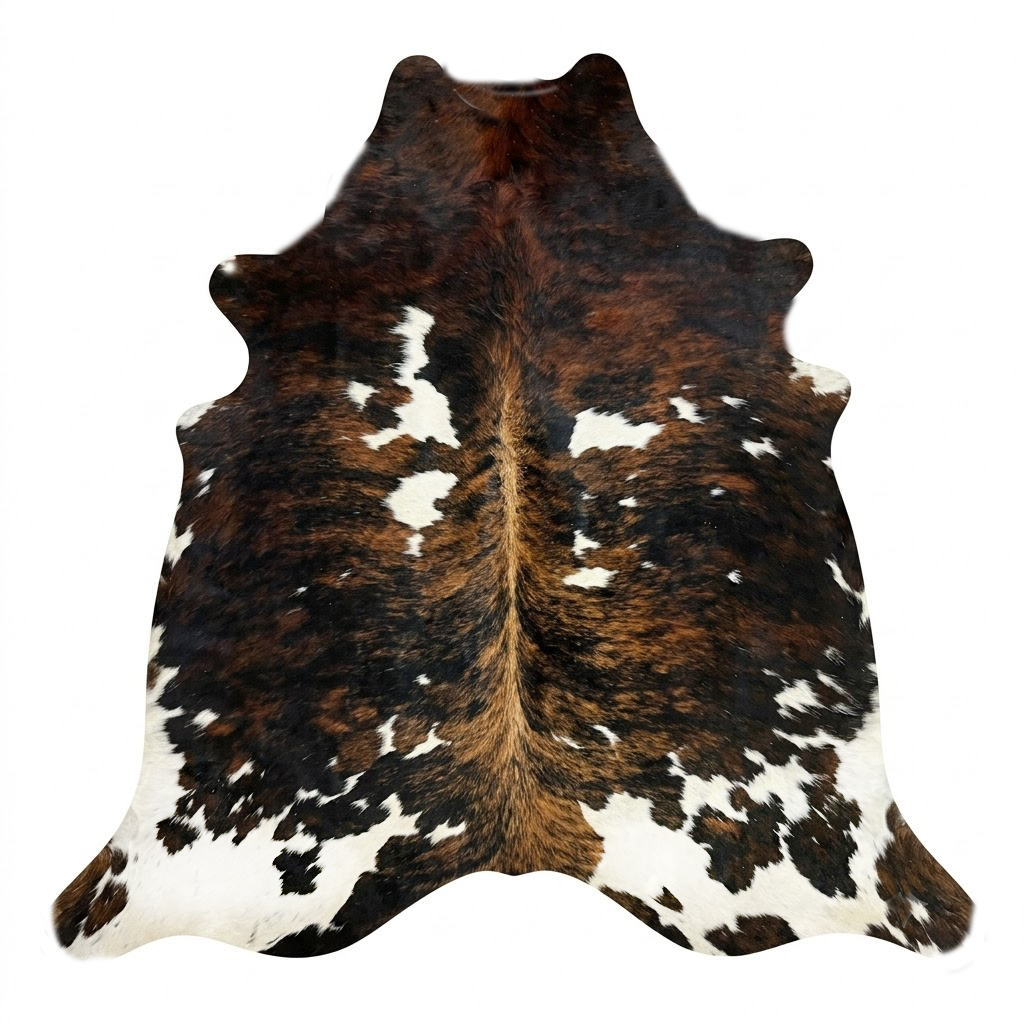 Brown and white cowhide rug on a white background