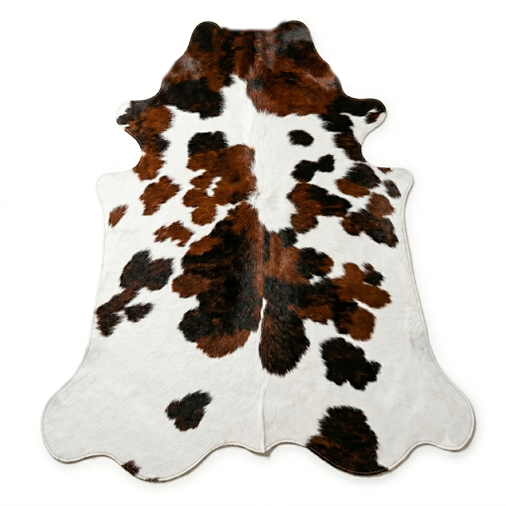 Cowhide rug with brown, black, and white pattern on a white background