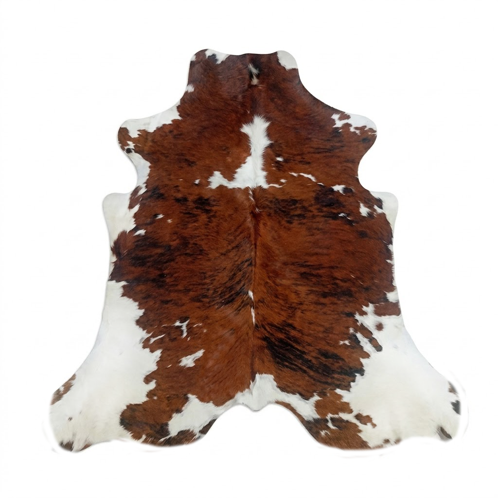 Brown and white cowhide rug on a white background