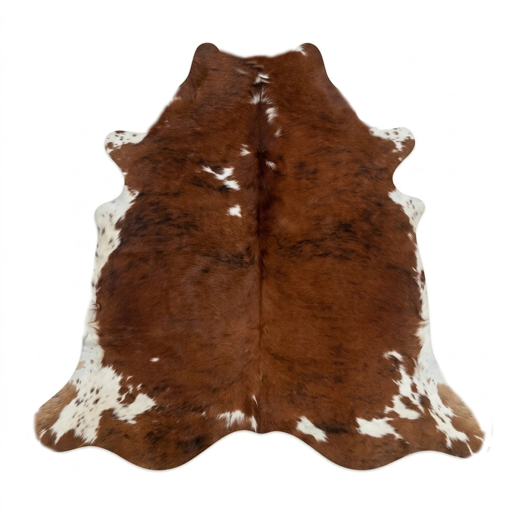Brown and white cowhide rug on a white background