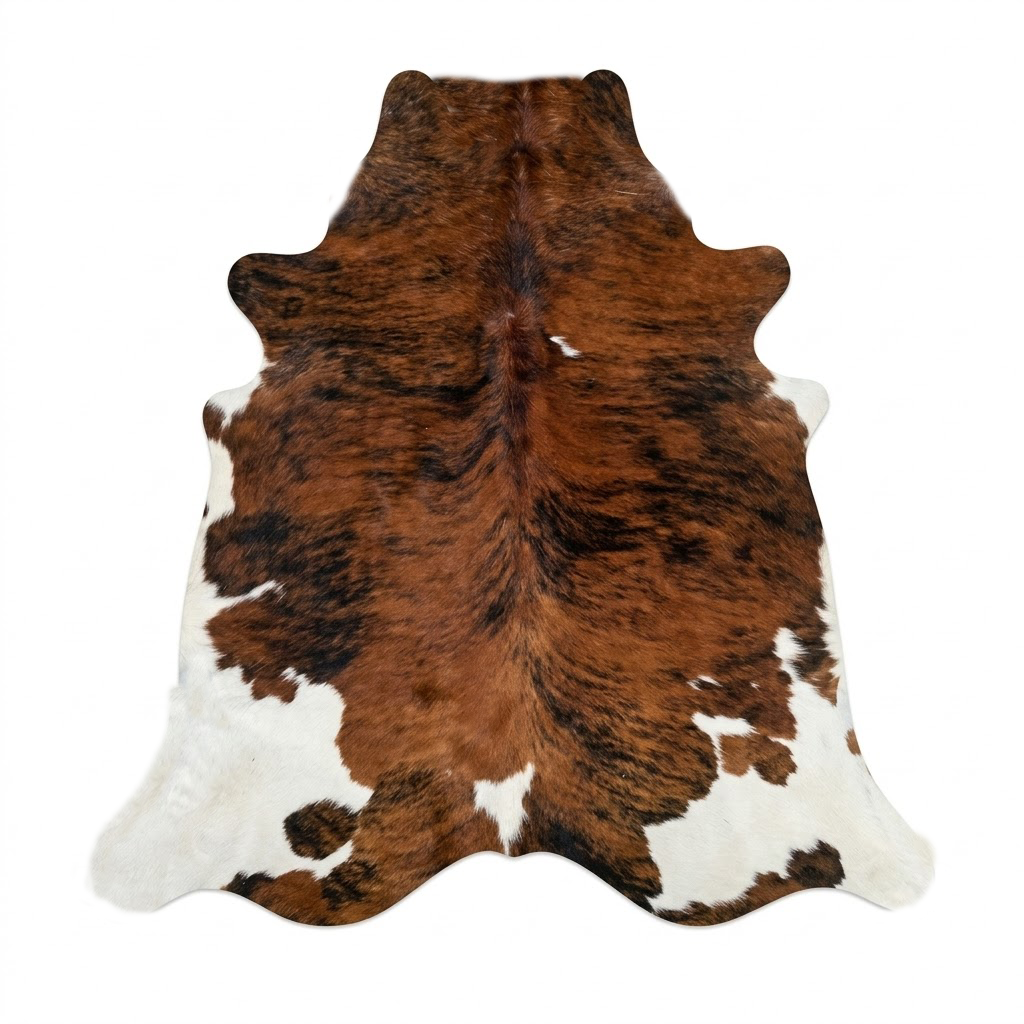 Brown and white cowhide rug on a white background