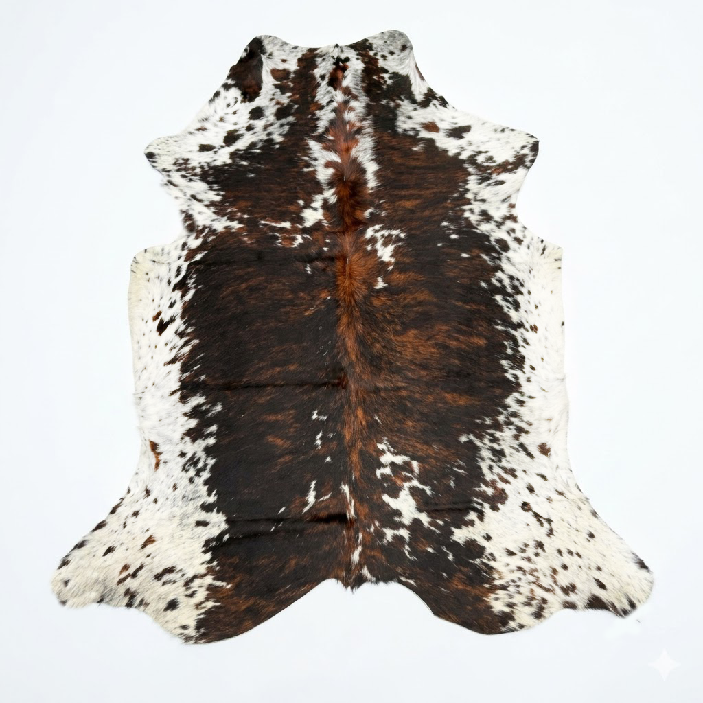 Brown and white cowhide rug on a white background