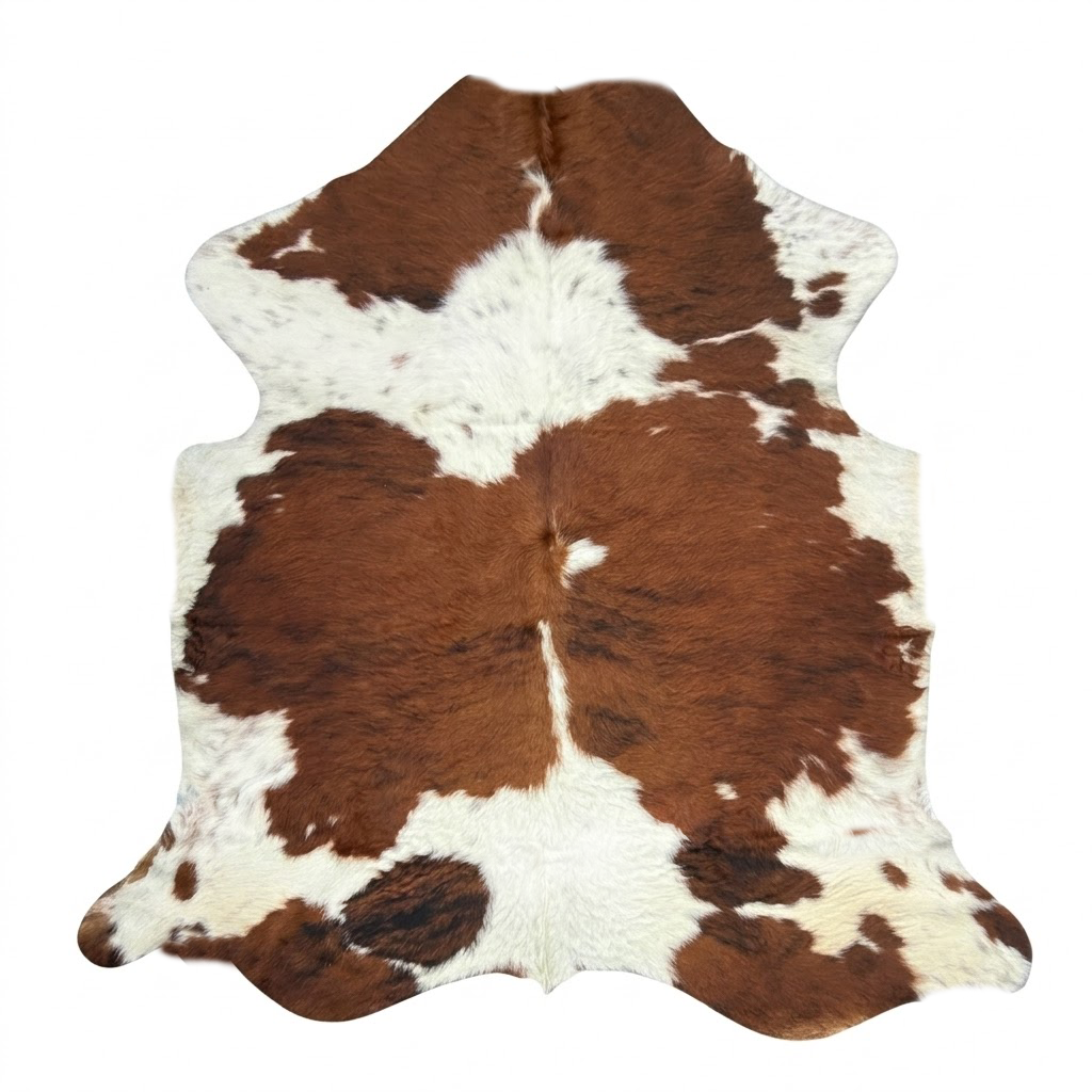 Brown and white cowhide rug on a white background