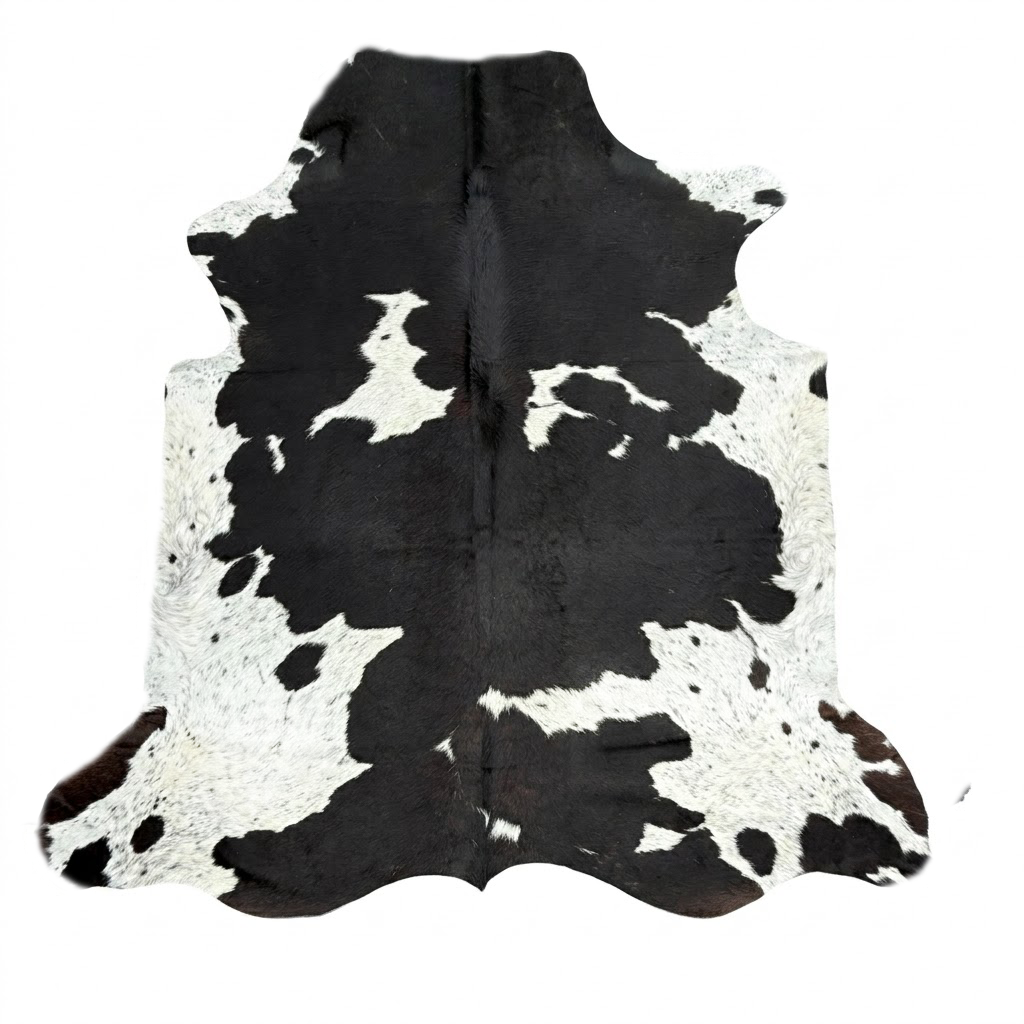 Black and white cowhide rug on a white background