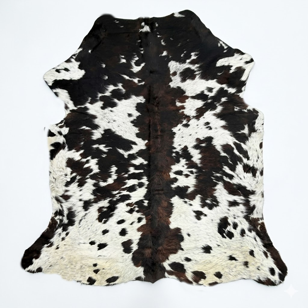 Black and white cowhide rug on a light gray background