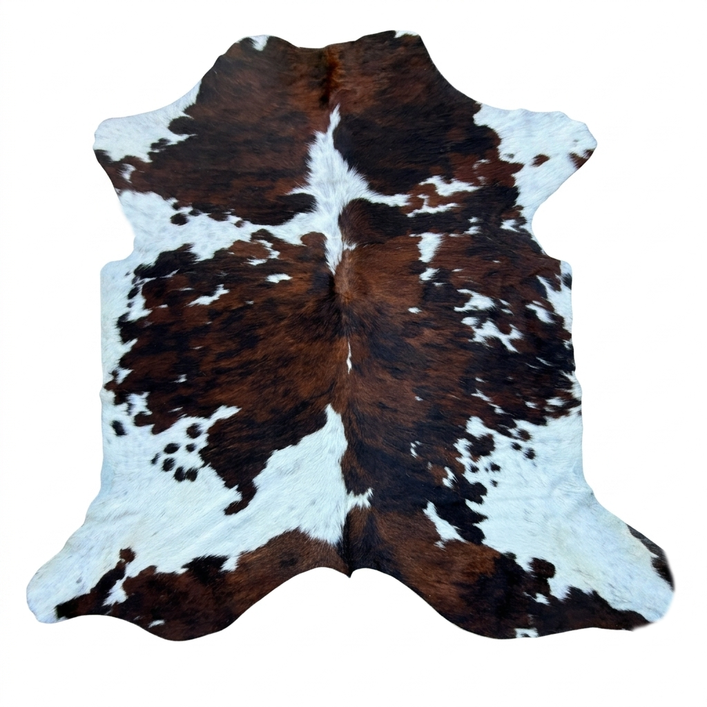 Brown and white cowhide rug on a white background