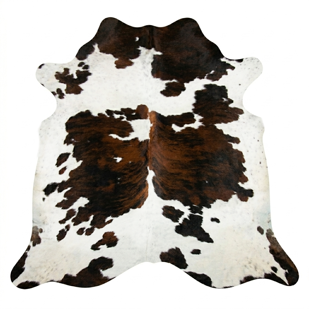 Cowhide rug with brown and black patches on a white background