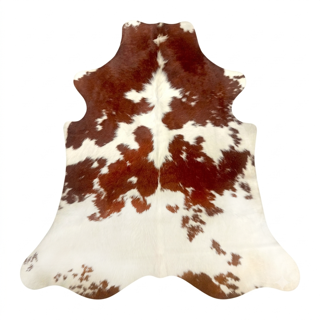 Brown and white cowhide rug on a white background