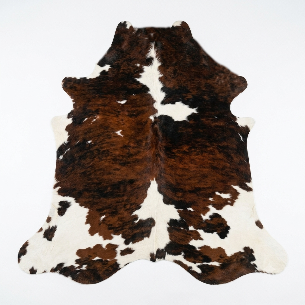 Brown and white cowhide rug on a light gray background