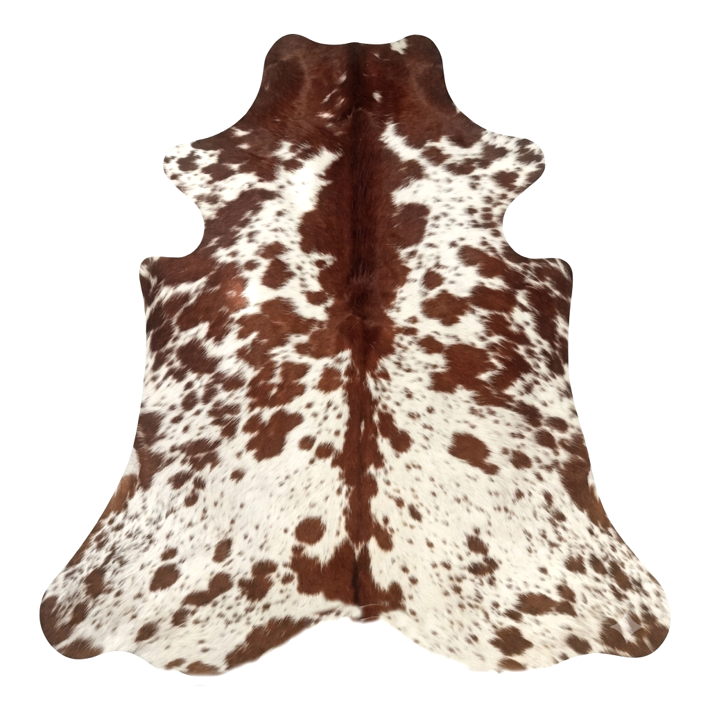 Brown and white cowhide rug on a white background